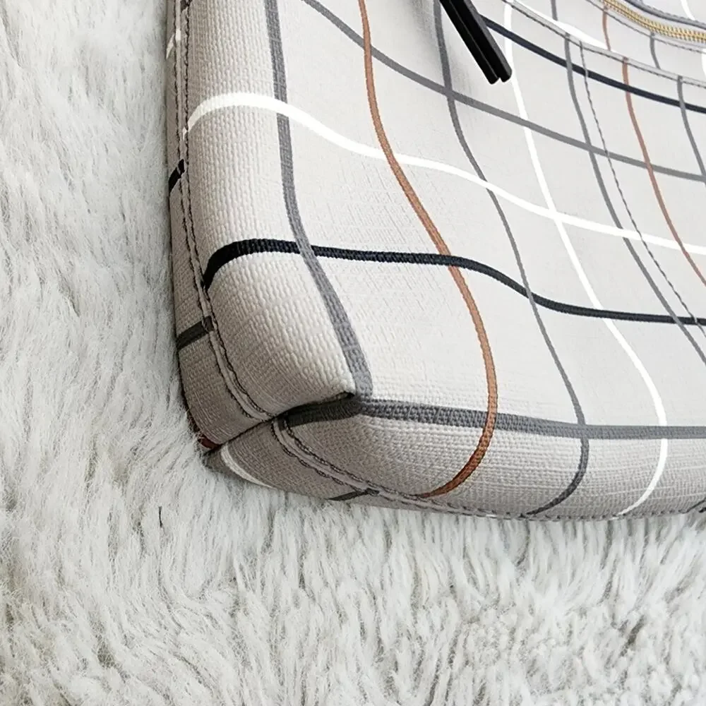 NEW Fossil Fiona Large Crossbody Bag Gray Beige Plaid Neutral Checkered Purse